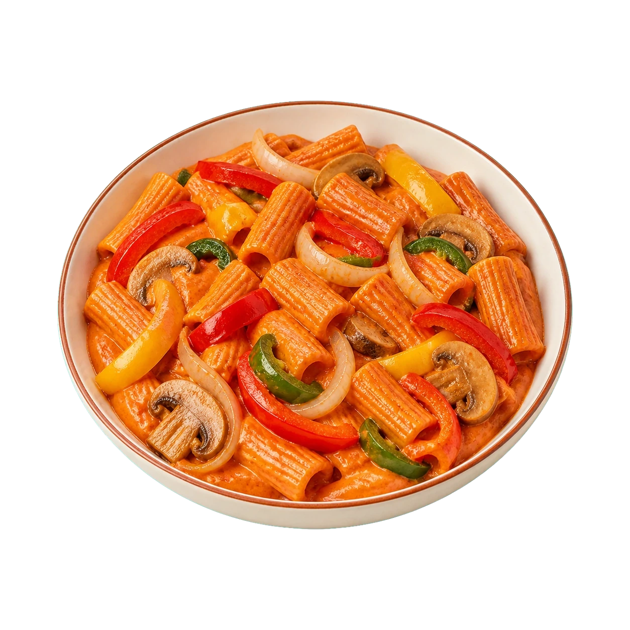 Pasta Alla Chef mit Paprika, Zwiebeln, Peperoni, Champignons und Tomaten-Sahnesauce
