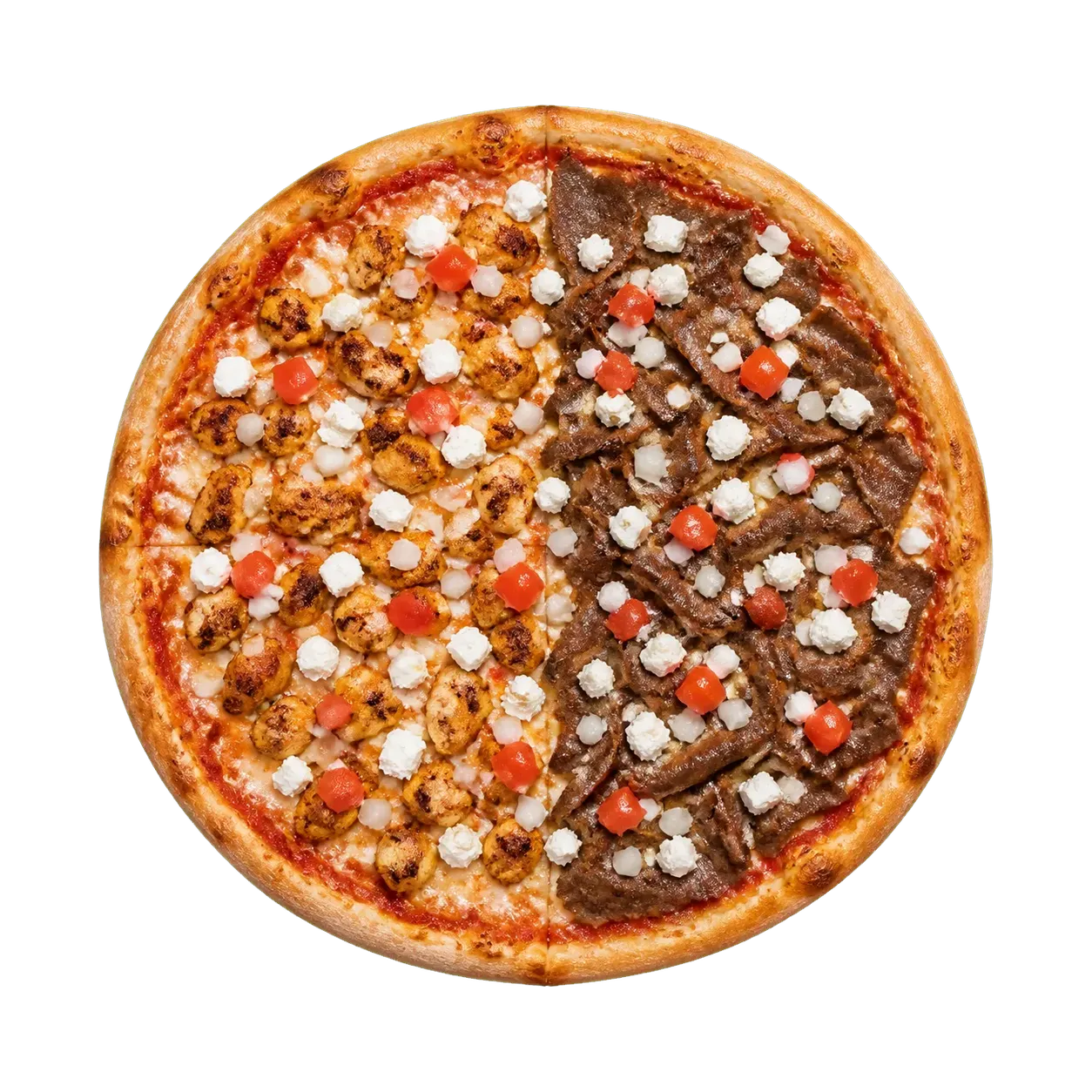 Pizza 50/50 und Feta jeweils zur Hälfte